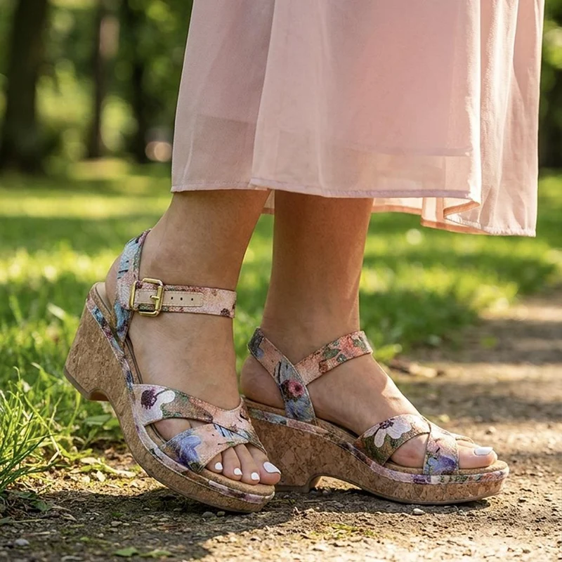 Patterned Cork Wedge Platform Sandals - WBINS43096 / 329 374 - Floral
