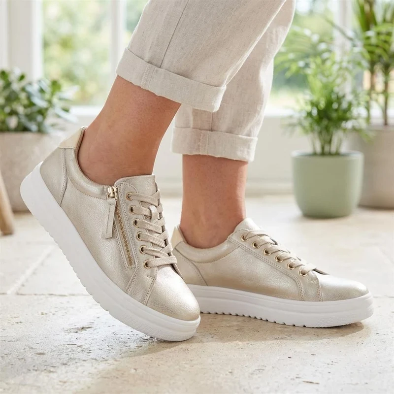 Wide Fit Zip & Lace Platform Trainers - WBINS43003 / 328 884 - Soft Gold