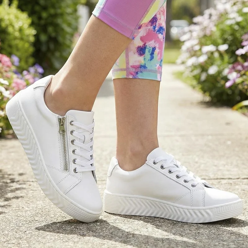 Wide Fit Leather Breathable Platform Trainers - BRK43000 / 328 558 - White