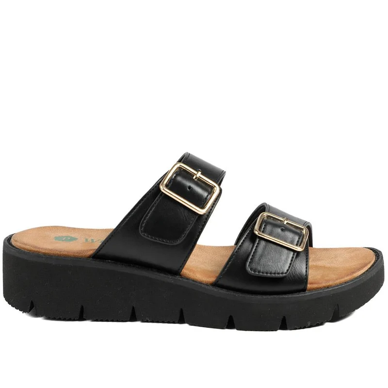 Wide Fit Cushioned Buckled Sandals - BAIZH43015 / 329 140 - Black