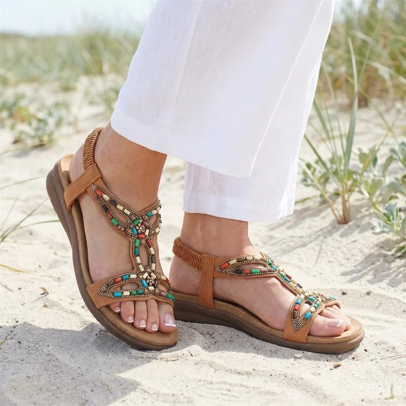Elasticated Embellished Slingback Sandals - BAIZH43002 / 328 880 - Tan