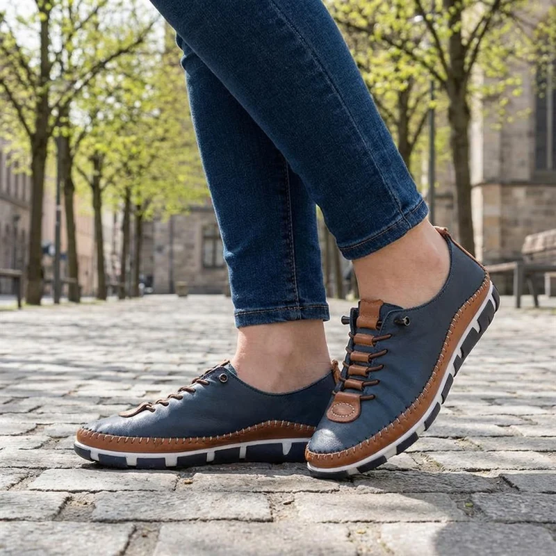 All Leather Lace Up Stitch Detail Shoes - GOKH43006 / 329 151 - Navy Tan