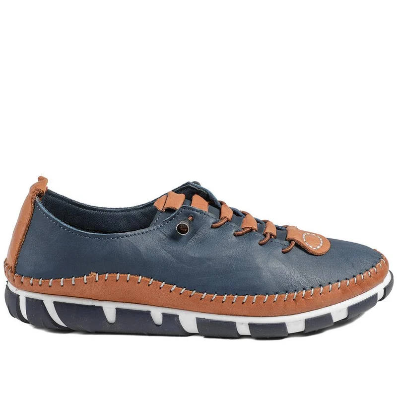 All Leather Lace Up Stitch Detail Shoes - GOKH43006 / 329 151 - Navy Tan