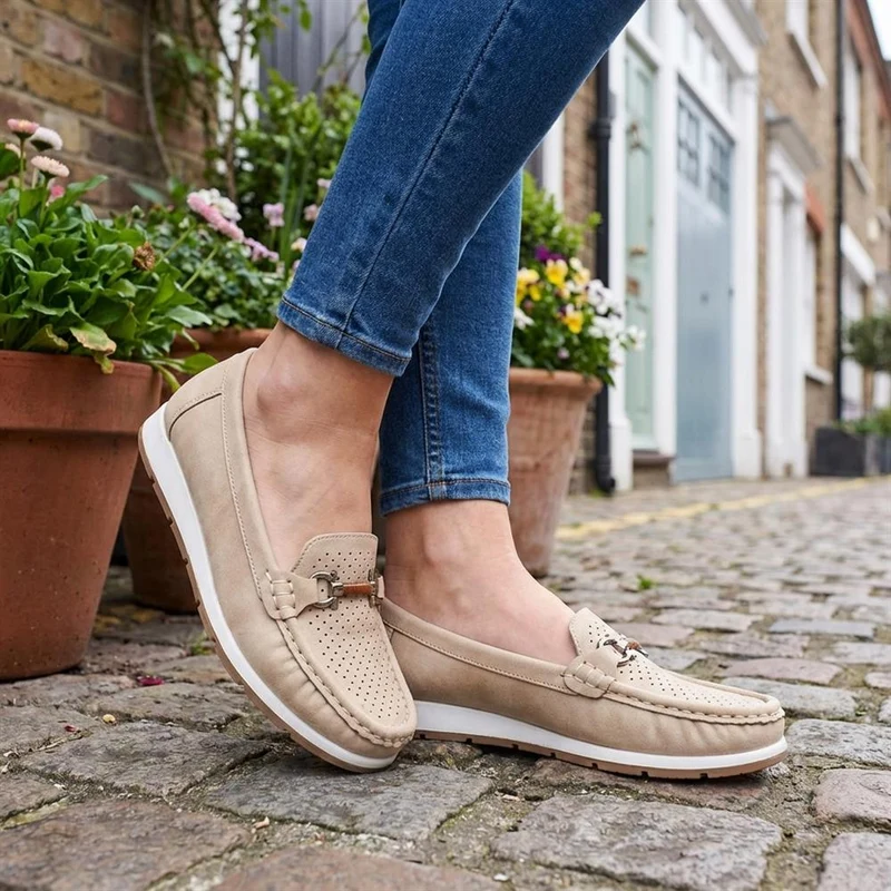 Breathable Buckle Detailed Moccasins - BAIZH41039 / 327 317 - Beige