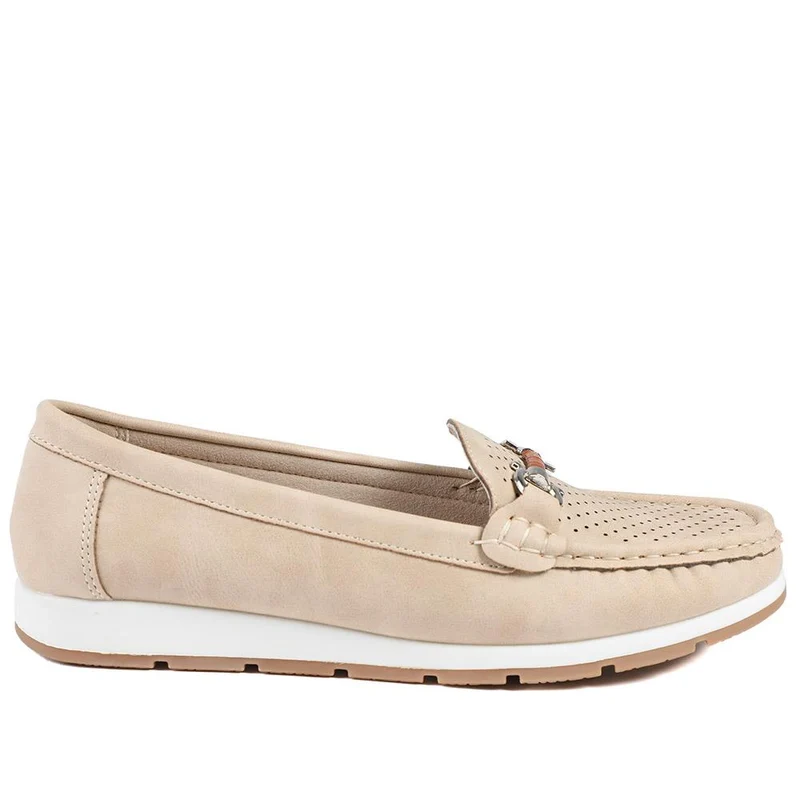Breathable Buckle Detailed Moccasins - BAIZH41039 / 327 317 - Beige