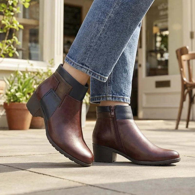 Block Heel Ankle Boots With Inside Zip - WK42005 / 327 940 - Burgundy Multi