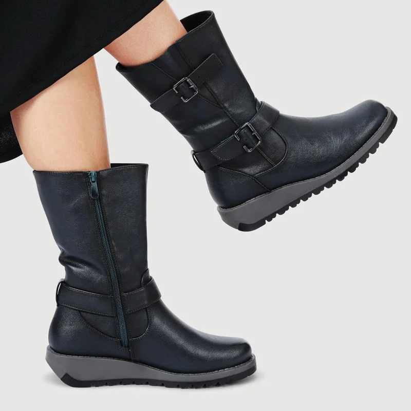 Dual Buckle Calf Length Boots - WK42018 / 328 044 - Teal