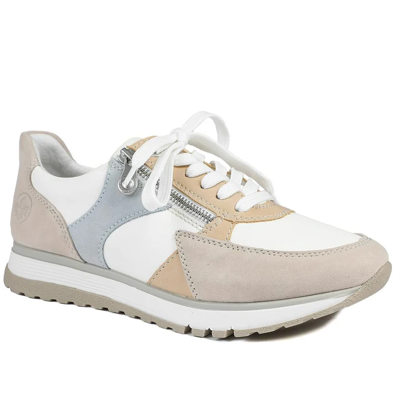Rieker Wide Fit Leather Zip & Lace Trainers - RKR43543 / 328 766 - White Multi