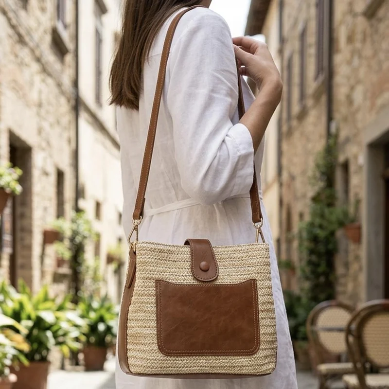 Woven Shoulder Bag with Faux Leather Trim - RIM43000 / 329 297 - Tan