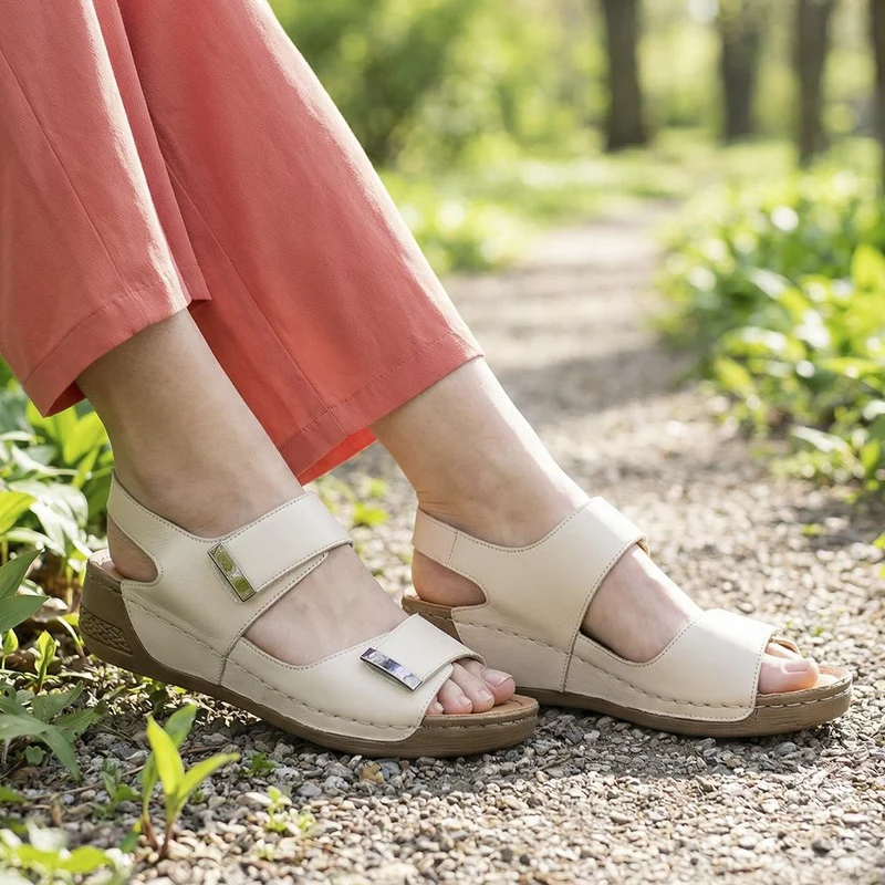 Leather Touch Fasten Wedge Sandals - AS43001 / 329 300 - Beige