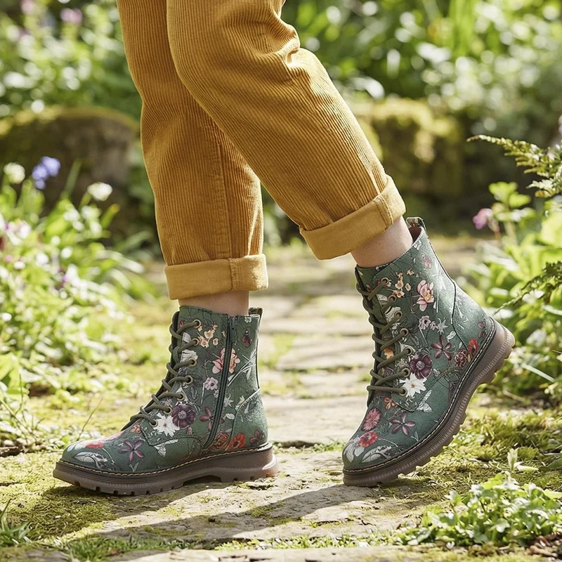 Lace-Up Floral Boots - PINYI40011 / 326 033 - Green Floral