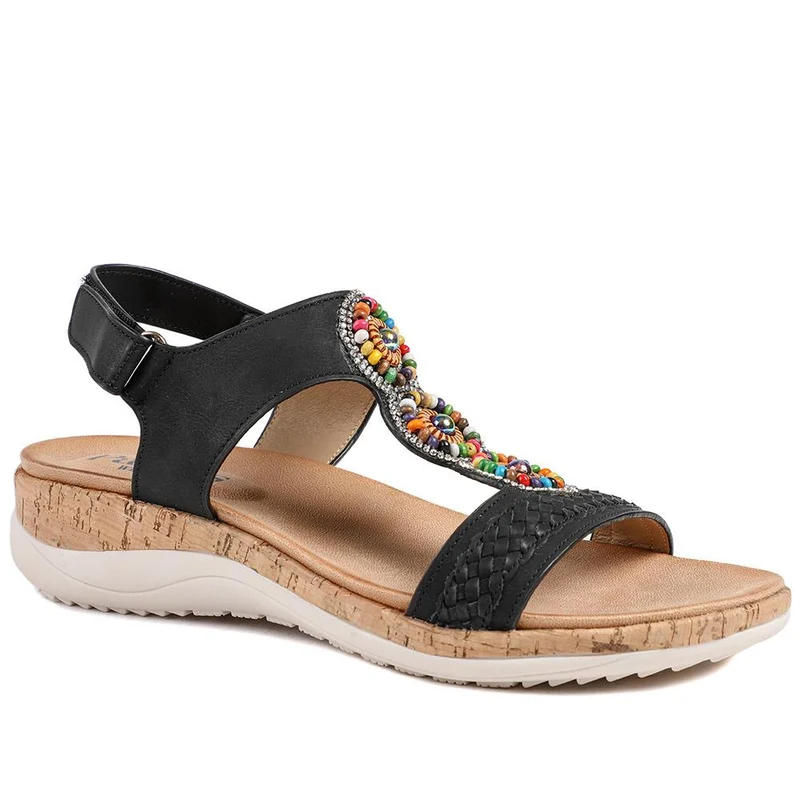 Comfort Beaded Wedge Sandals - BAIZH43022 / 329 012 - Black