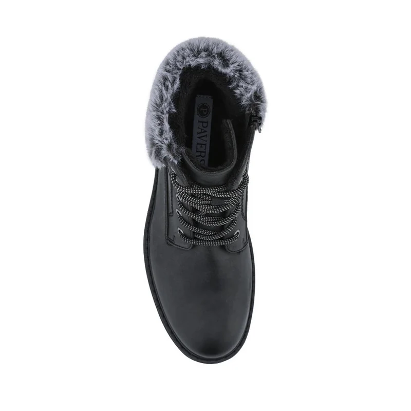 Faux Fur Cuff Lace Up Ankle Boots - WBINS42033 / 328 109 - Black