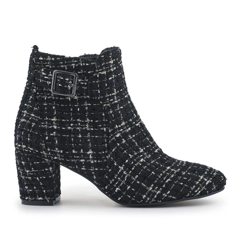 Patterned Block Heel Buckle Ankle Boots - WBINS38090 / 324 214 - Black Tweed