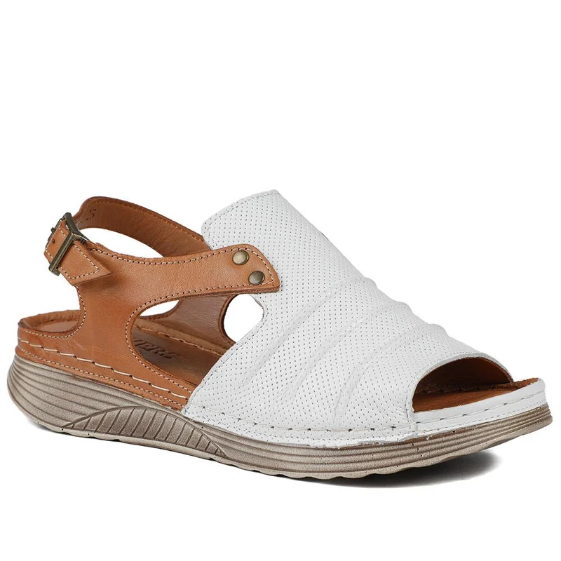 Leather Wedge-Heeled Sandals - VITAS41001 / 327 604 - White-Tan