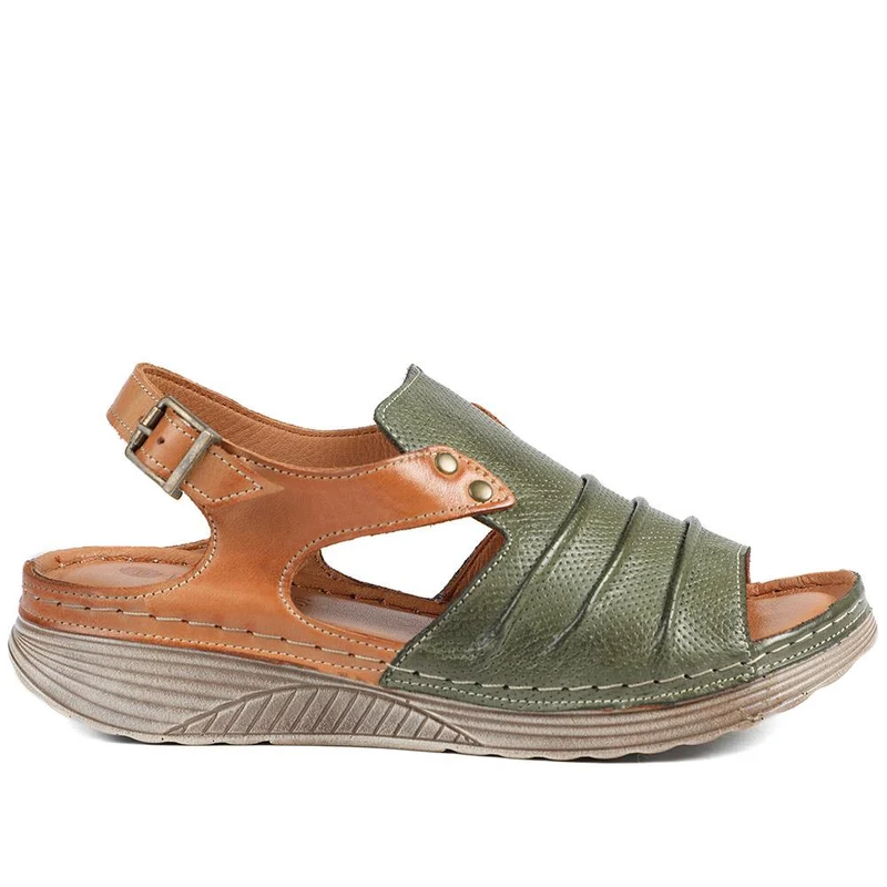 Leather Wedge-Heeled Sandals - VITAS41001 / 327 604 - Khaki