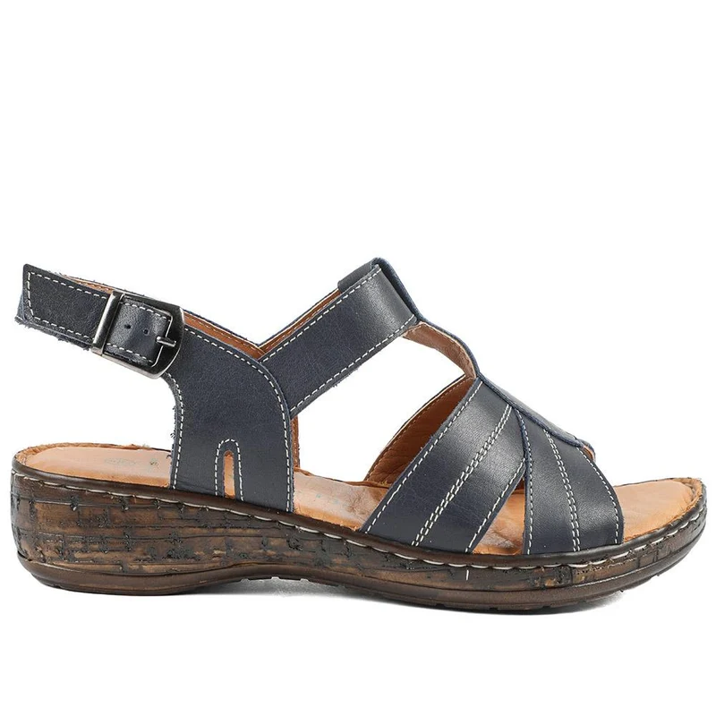 Wide Fit Leather Slingback Sandals - LUCK43008 / 329 407 - Navy