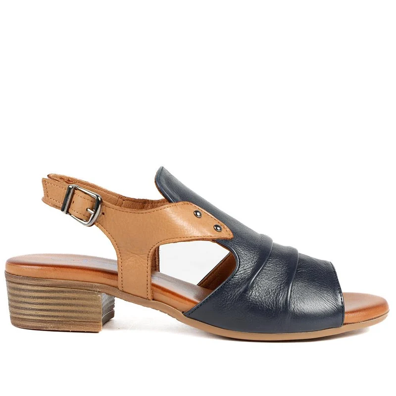 Leather Two Tone Block Heel Sandals - AZURA43007 / 329 125 - Navy Tan