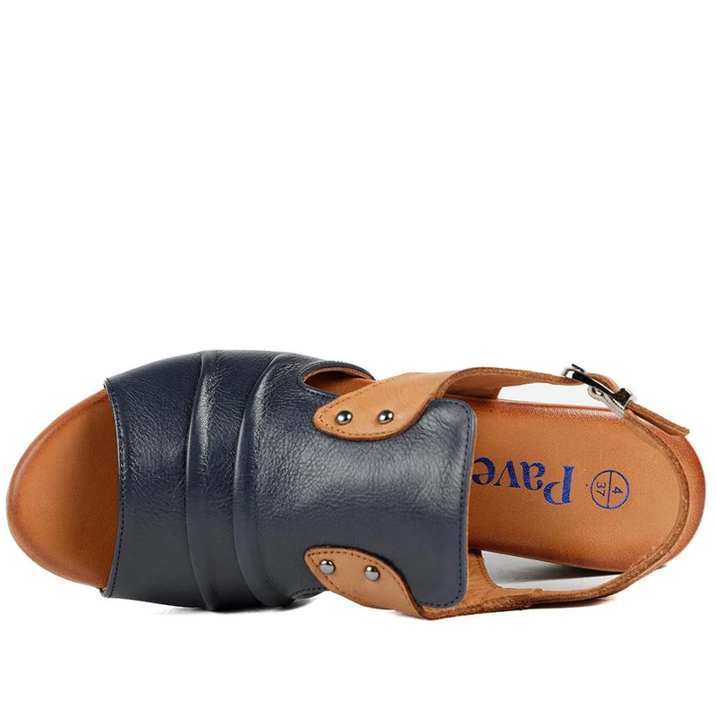 Leather Two Tone Block Heel Sandals - AZURA43007 / 329 125 - Navy Tan