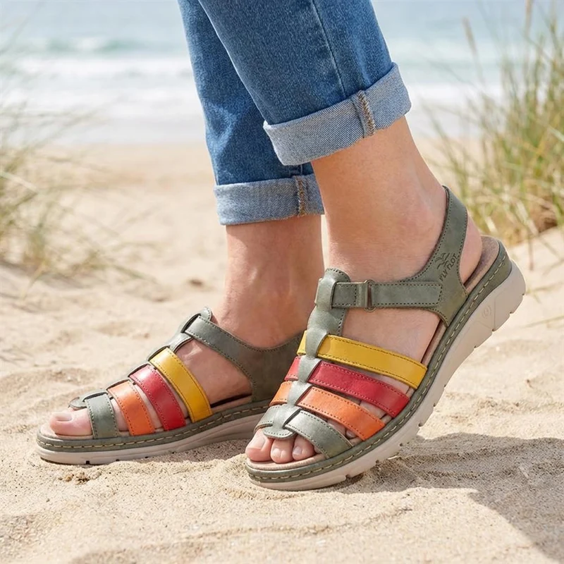 Fly Flot Touch Fasten Leather Sandals - CAL39020 / 325 263 - Green-Multi