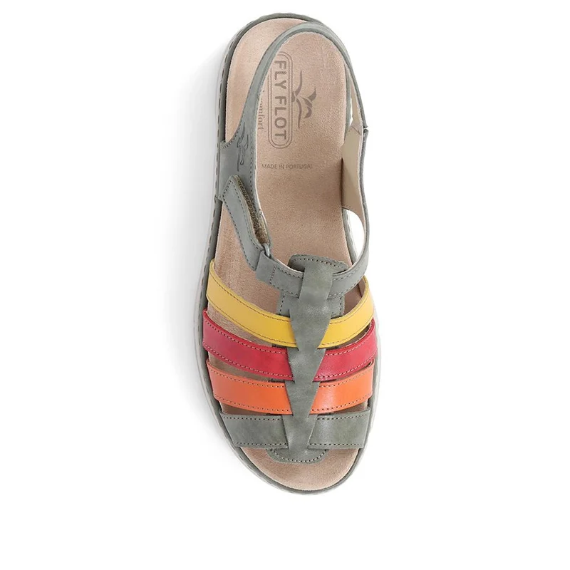 Fly Flot Touch Fasten Leather Sandals - CAL39020 / 325 263 - Green-Multi