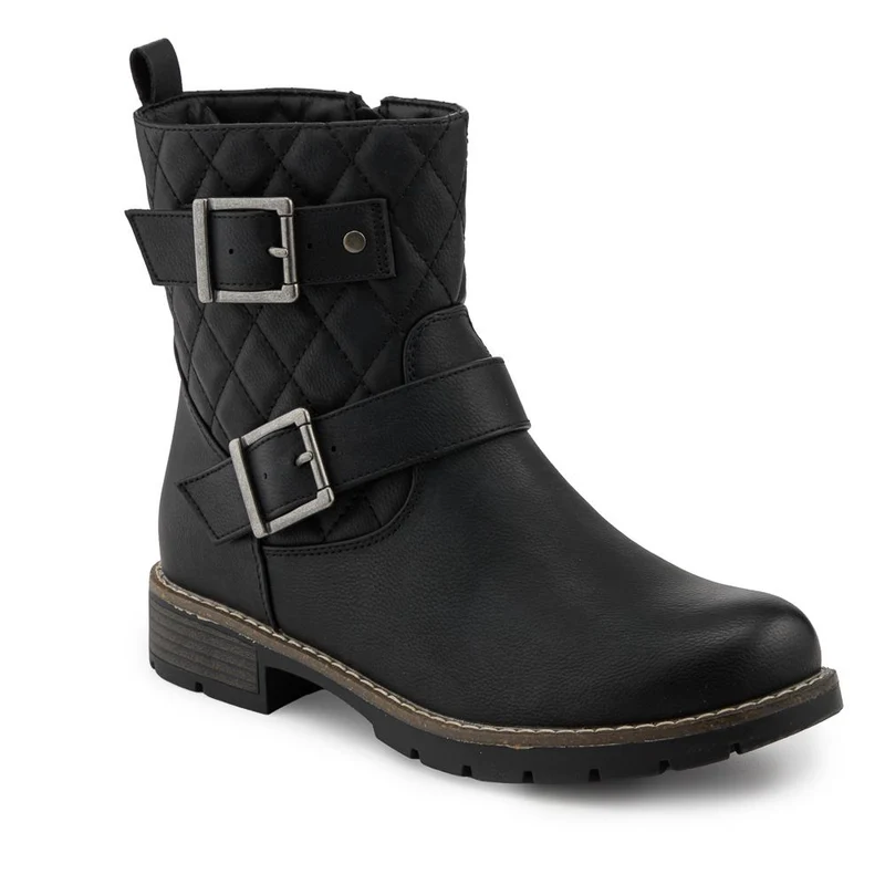 Quilted Dual Buckle Ankle Boots - WBINS42029 / 328 313 - Black