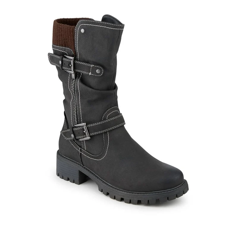 Dual Buckle Knitted Cuff Zipped Ankle Boots - TELOO42007 / 328 461