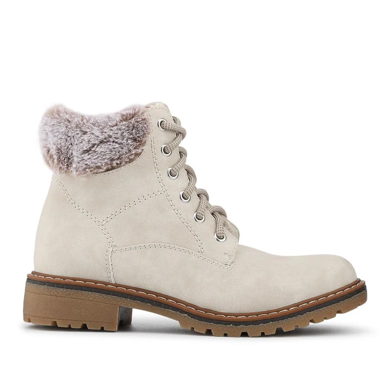 Faux Fur Cuff Lace Up Ankle Boots - WBINS42033 / 328 109 - Off White