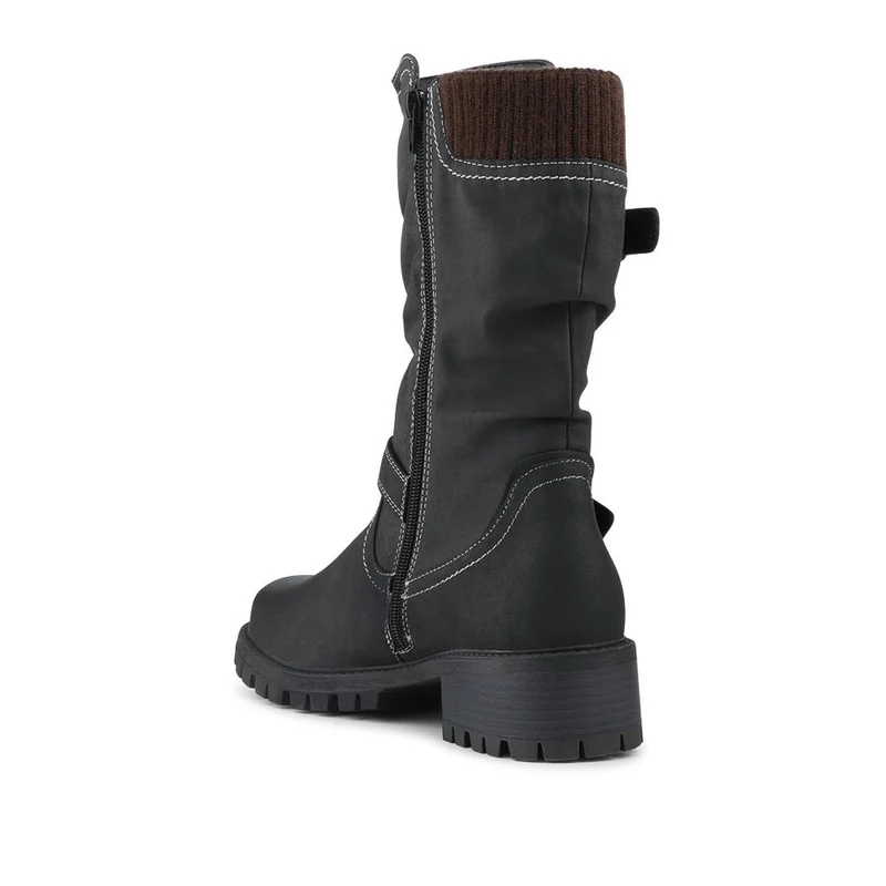 Dual Buckle Knitted Cuff Zipped Ankle Boots - TELOO42007 / 328 461 - Black