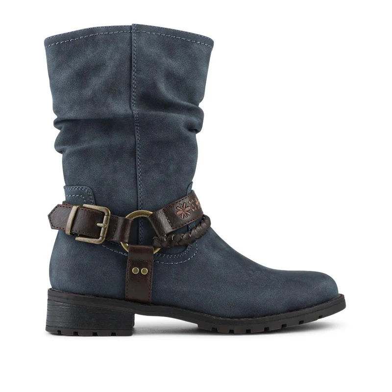 Warm Lined Strapped Upper Calf Length Boots - WBINS42098 / 328 462 - Denim