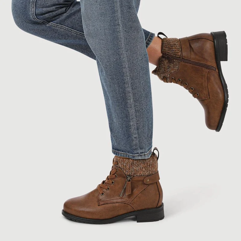 EasyFit Extra-Wide Knitted-Cuff Ankle Boots - ALEIDA / 326 748 - Tan