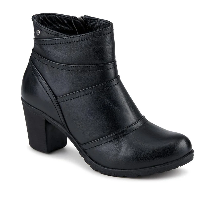 Leather Zip-Up Block Heel Ankle Boots - VED42005 / 328 486 - Black