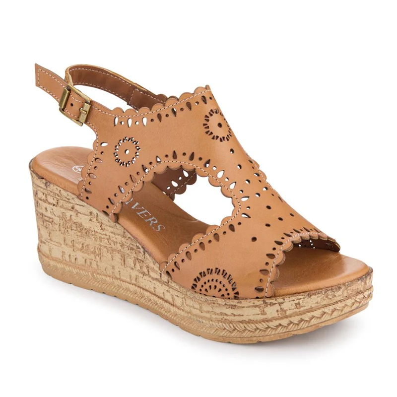 Leather Buckle-Fastening Wedge Sandals - LUCK41012 / 327 609 - Tan