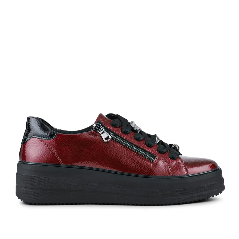Remonte Leather Zip & Lace Trainers - DRS42505 / 327 736 - Burgundy Patent