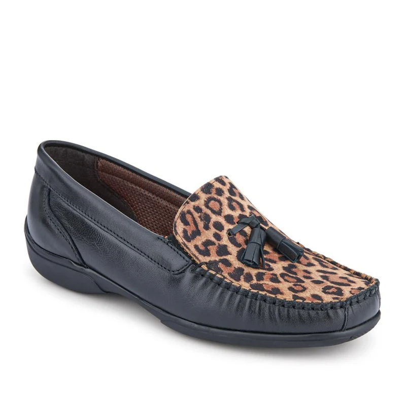Embroided Panel Leather Loafers - CONT39001 / 325 241 - Black-Leopard