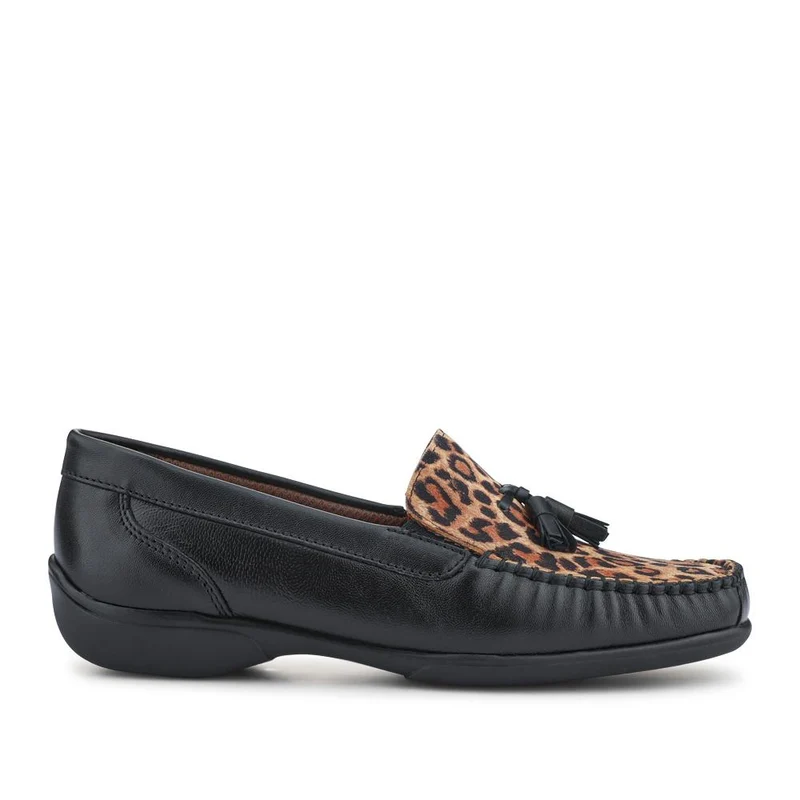 Embroided Panel Leather Loafers - CONT39001 / 325 241 - Black-Leopard