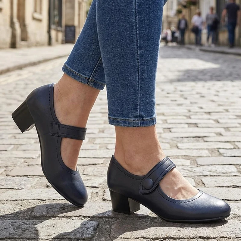 Wide Fit Touch-Fasten Heeled Mary Janes - WK42001 / 327 952 - Navy