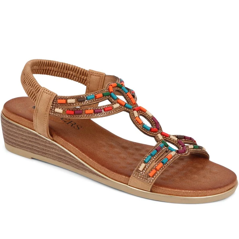 Embellished Wedge Sandals - BAIZH39071 / 325 102 - Camel