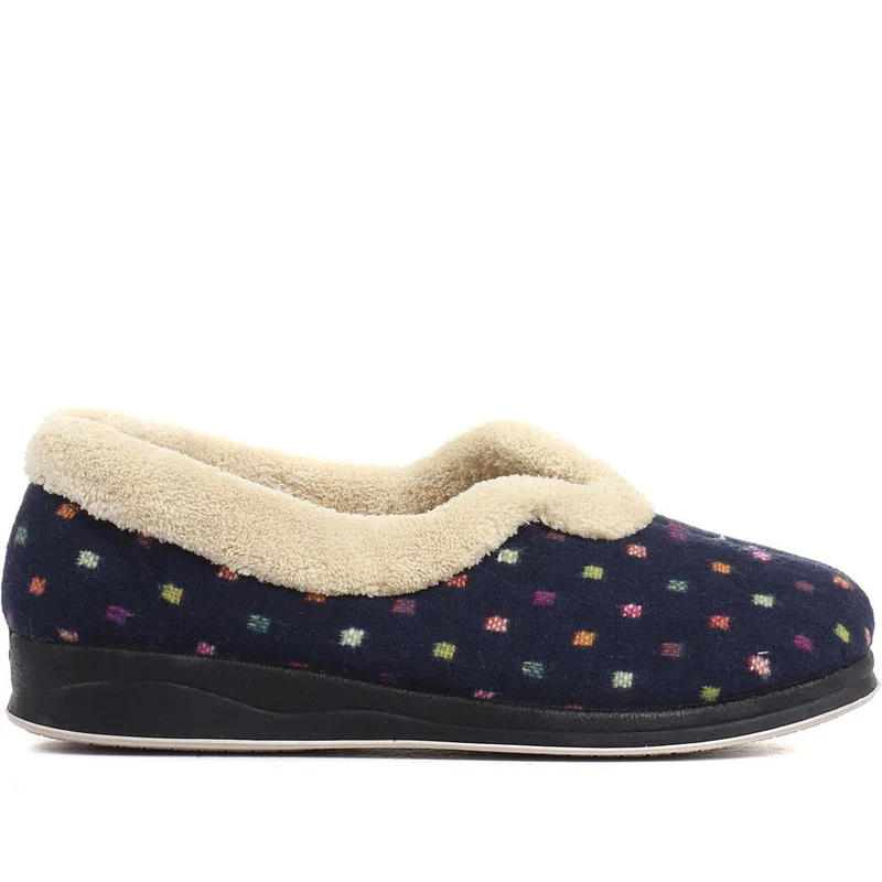 Wide Fit Polka Dot Slippers - QING34003 / 320 210 - Navy