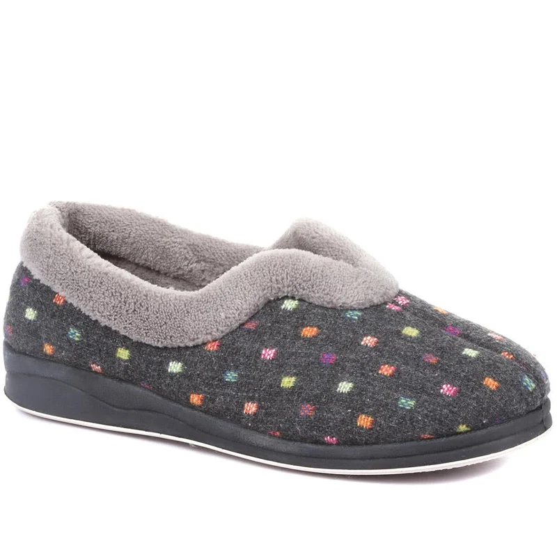 Wide Fit Polka Dot Slippers - QING34003 / 320 210 - Dark Grey