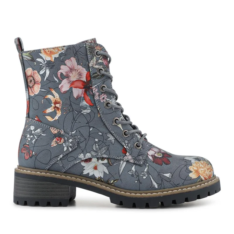 Wide Fit Lace Up Ankle Boots - PINYI42009 / 328 218 - Grey Floral