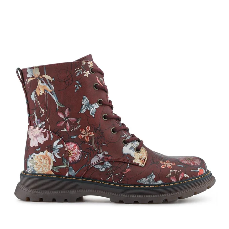 Lace-Up Floral Boots - PINYI40011 / 326 033 - Burgundy Floral