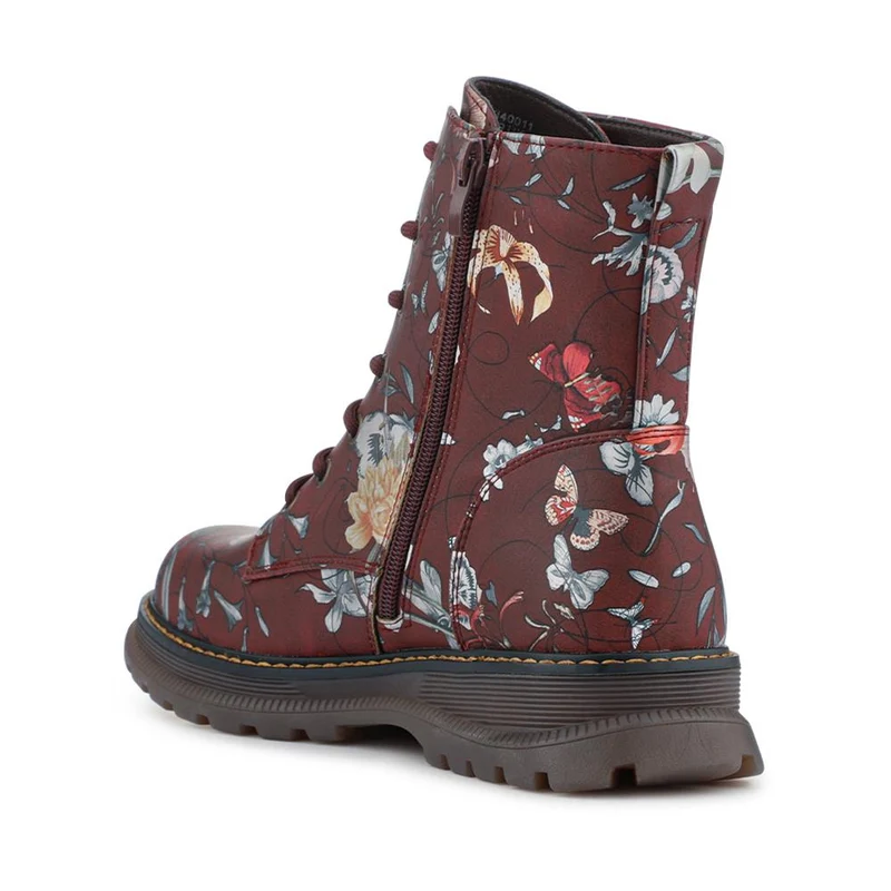 Lace-Up Floral Boots - PINYI40011 / 326 033 - Burgundy Floral