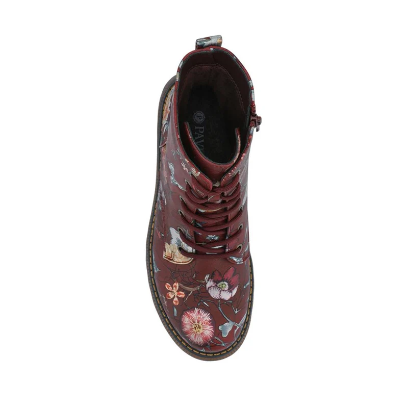 Lace-Up Floral Boots - PINYI40011 / 326 033 - Burgundy Floral