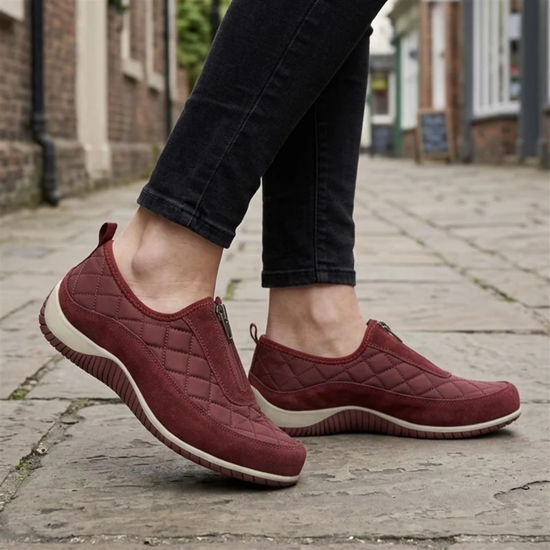 Wide Fit Leather Slip-On Shoes With Zip Fastening - BRK42019 / 328 406 - Burgundy
