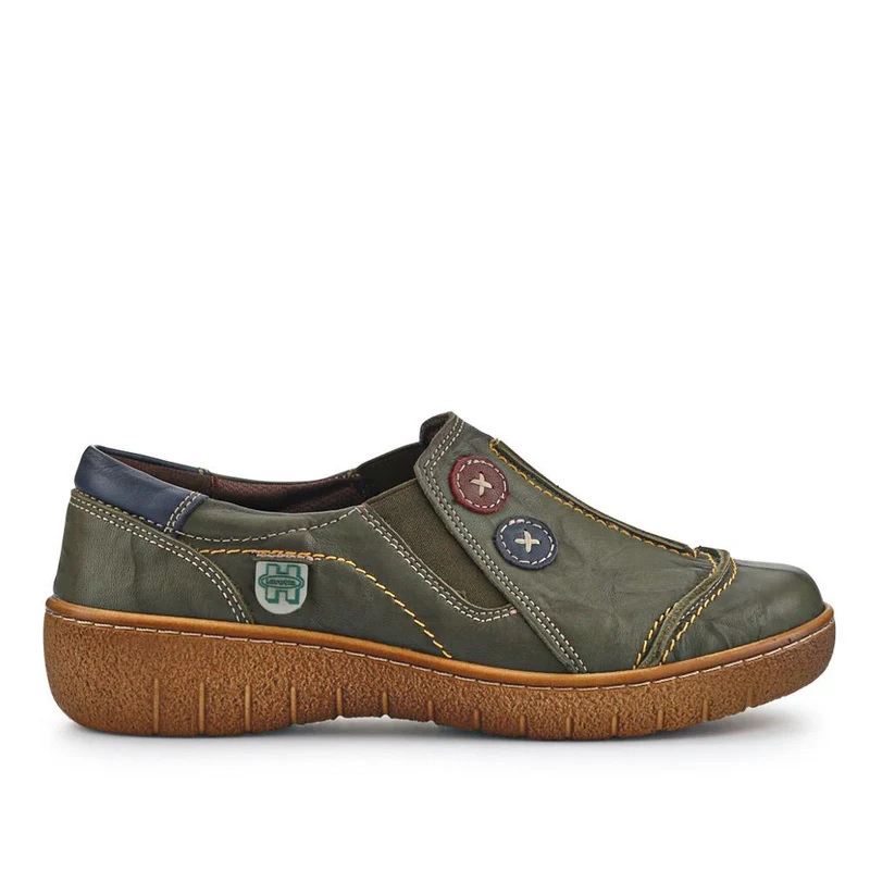 Elasticated Leather Slip-On Shoes - HAK41008 / 327 435 - Khaki