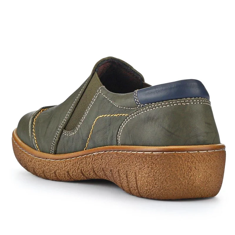 Elasticated Leather Slip-On Shoes - HAK41008 / 327 435 - Khaki