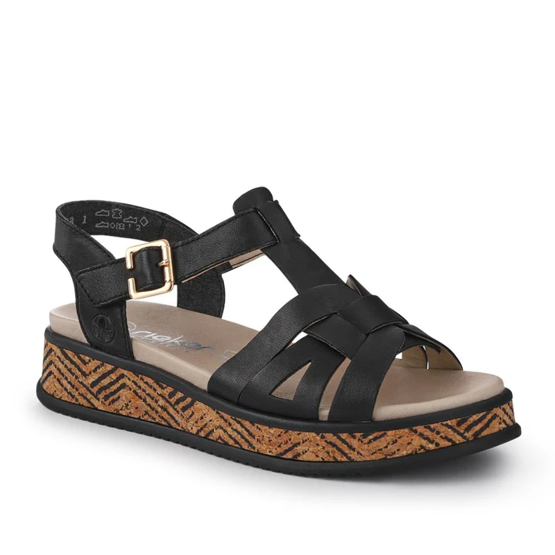 Leather Faux Buckle Touch Fasten Sandals - RKR41540 / 327 289 - Black