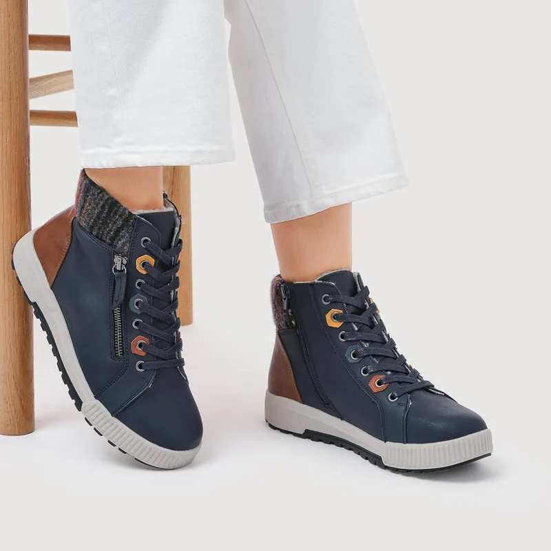 Wide Fit Knitted Cuff Ankle Boots - WBINS40163 / 326 115 - Navy