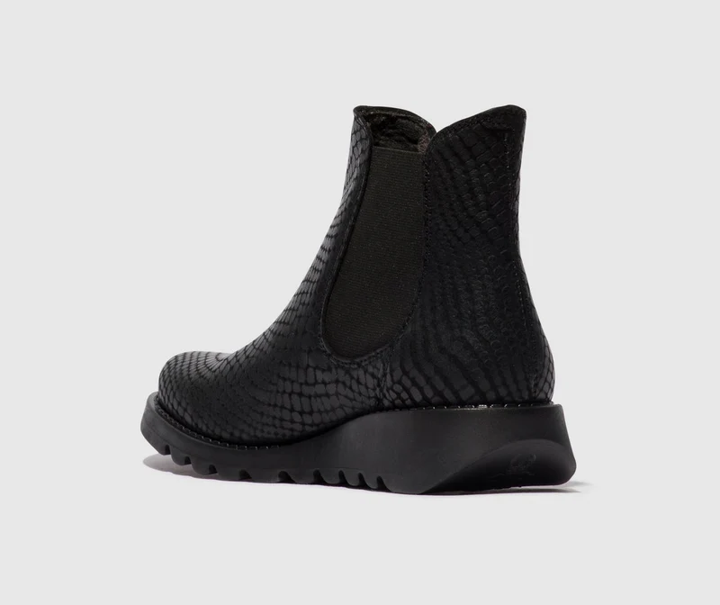 Fly London Damen Salv Croco Leder Stiefeletten - Schwarz